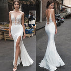 Sexy Mermaid Wedding Dress 2023 Slit Beach Sheath Open Back Sheer Lace Sleeveless Vestido De Noiva Backless Wedding Gowns-payinti
