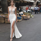 Sexy Mermaid Wedding Dress 2023 Slit Beach Sheath Open Back Sheer Lace Sleeveless Vestido De Noiva Backless Wedding Gowns-payinti