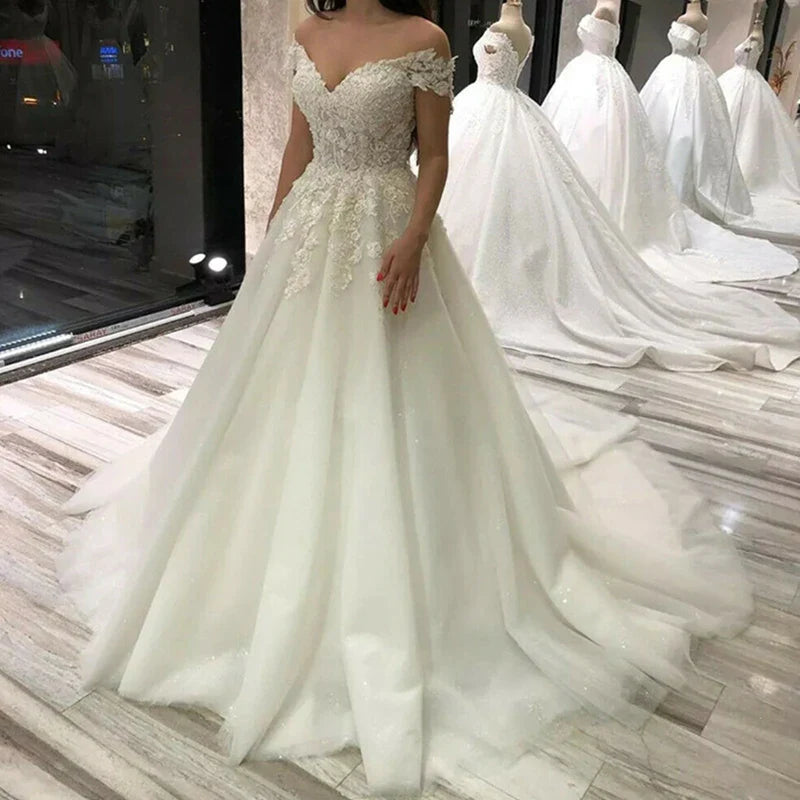 Sexy Off Shoulder Lace Wedding Dress Vintage Women's A-Line Gownes Robe De Soir é e De Mariage Bridal Dress Vestidos De Fiesta-payinti