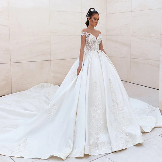 Sexy Off Shoulder Wedding Dresses A-Line Lace Applique Women's Elegant Sleeveless Beach Party Satin Beads Applique Bridal Gowns-payinti