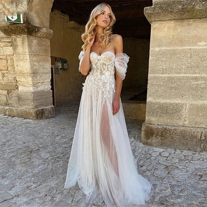 Sexy Off Shoulder Wedding Dresses Bohemian Tulle Elegant Women's Side Split A-line Lace Applique Beach Bridal Dress Sleeveless-payinti