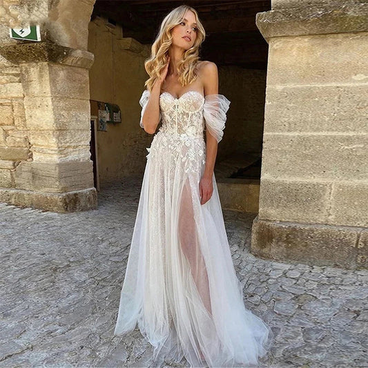 Sexy Off Shoulder Wedding Dresses Bohemian Tulle Elegant Women's Side Split A-line Lace Applique Beach Bridal Dress Sleeveless-payinti