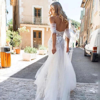 Sexy Off Shoulder Wedding Dresses Bohemian Tulle Elegant Women's Side Split A-line Lace Applique Beach Bridal Dress Sleeveless-payinti