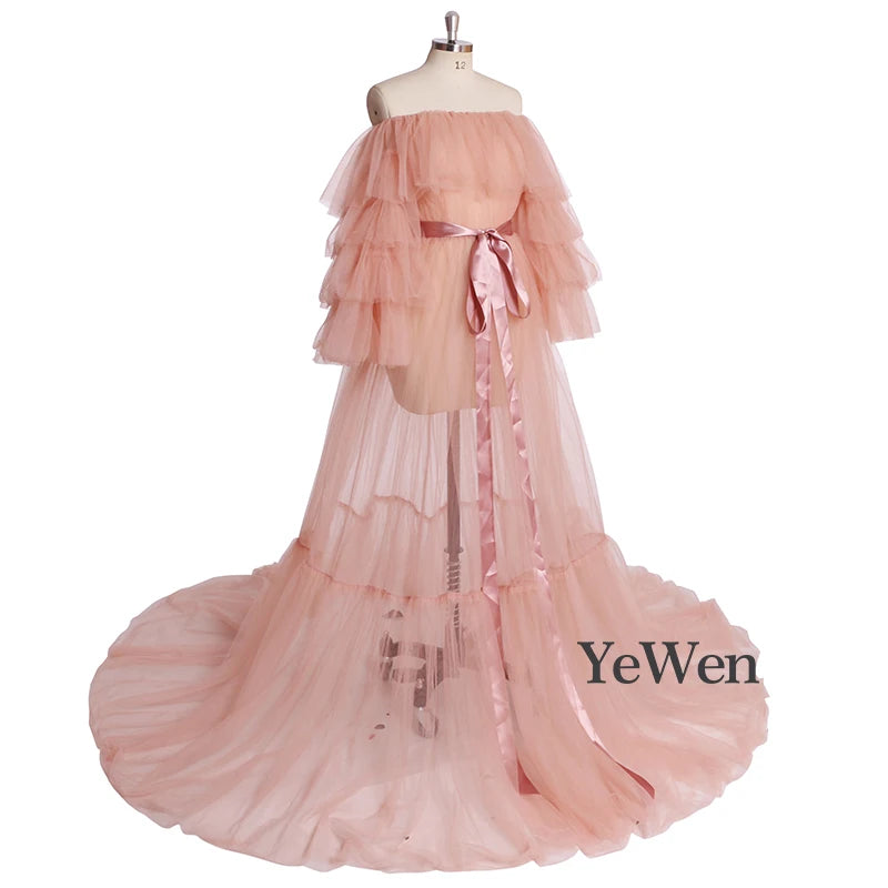 Sexy Pink Long Maternity Photography Props Dresses Tulle Perspective Pregnancy Mesh Maxi Gown For Pregnant Women Photo Shooting