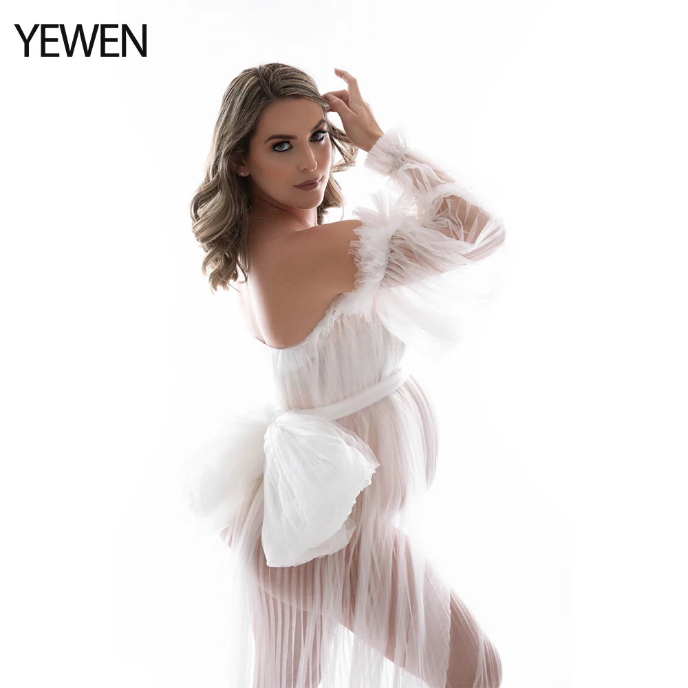 Sexy See Through Maternity Photography Dress Long Puffy Sleeves Tulle Pleated Photo Shooting Dress Sunnderly