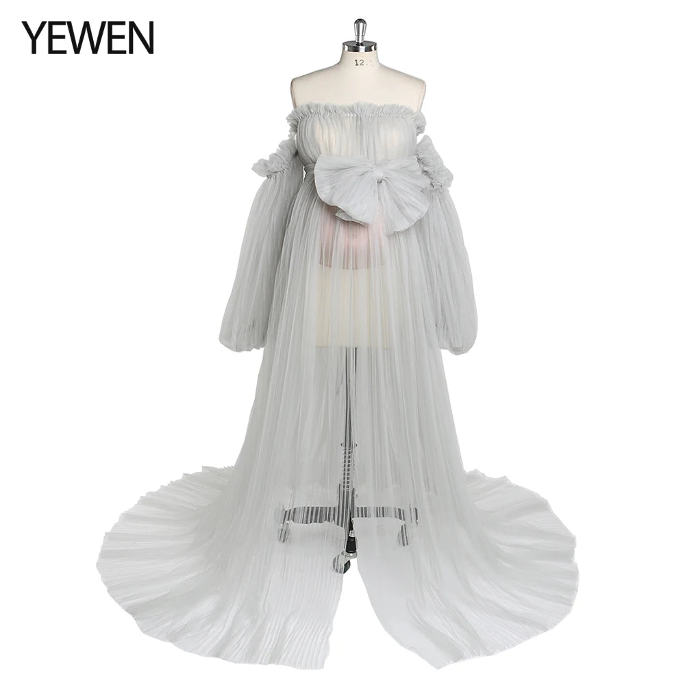 Sexy See Through Maternity Photography Dress Long Puffy Sleeves Tulle Pleated Photo Shooting Dress Sunnderly