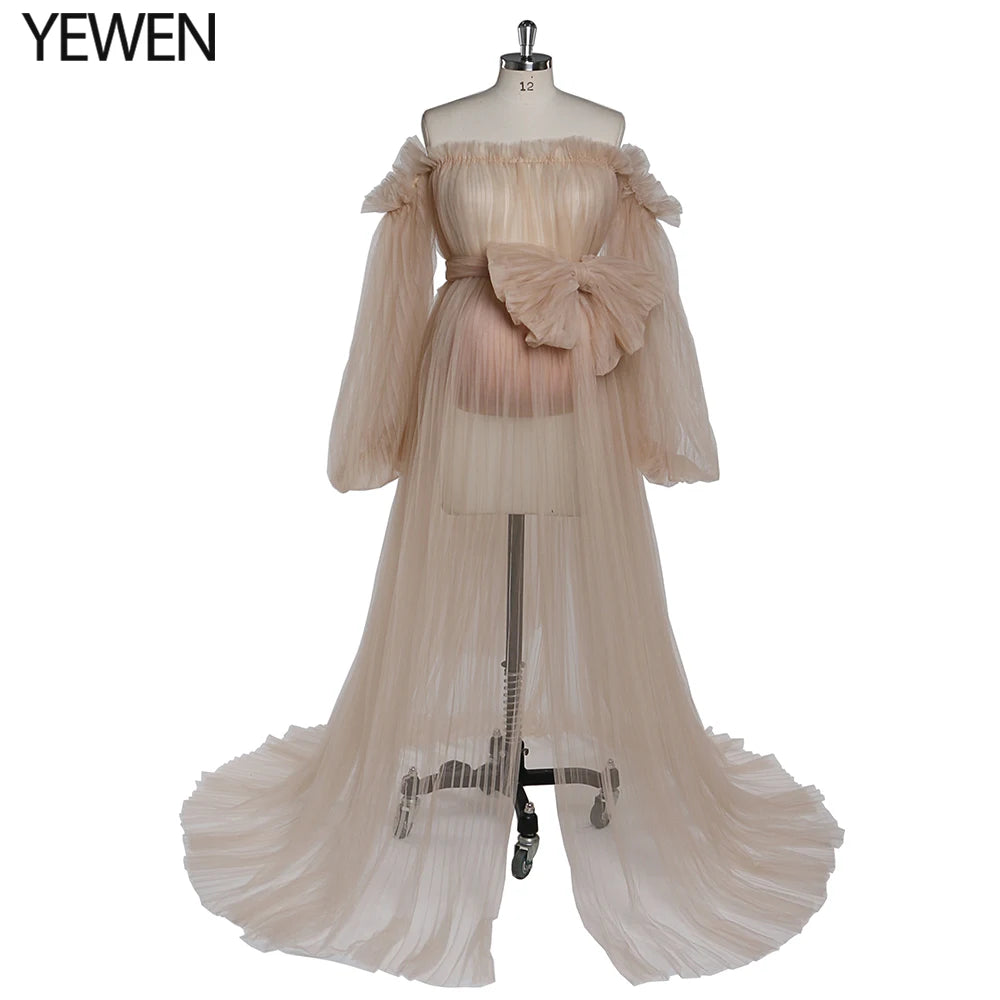 Sexy See Through Maternity Photography Dress Long Puffy Sleeves Tulle Pleated Photo Shooting Dress Sunnderly