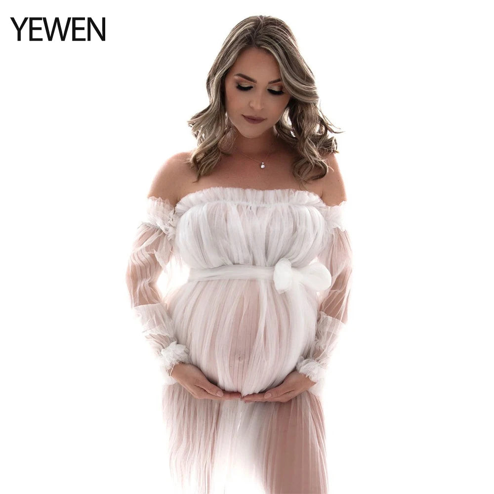 Sexy See Through Maternity Photography Dress Long Puffy Sleeves Tulle Pleated Photo Shooting Dress Sunnderly