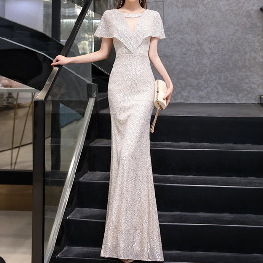 Sexy Sequined Elegant Evening Dresses Slim Waist V-neck Robe Chic Sleeves Party Dress 2023 Summer Trumpet Women Shiny Vestidos-payinti