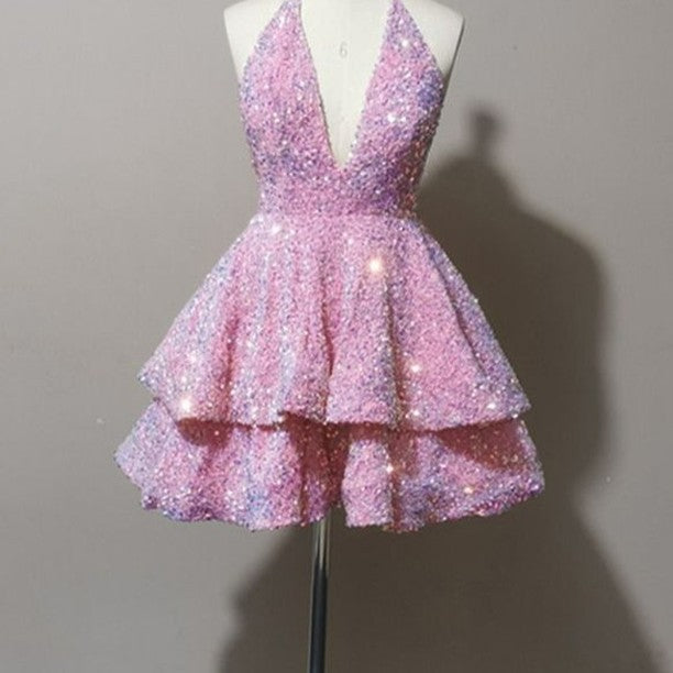 Vestido de fiesta sexy, corto, rosa, con escote en V, sin mangas y lentejuelas