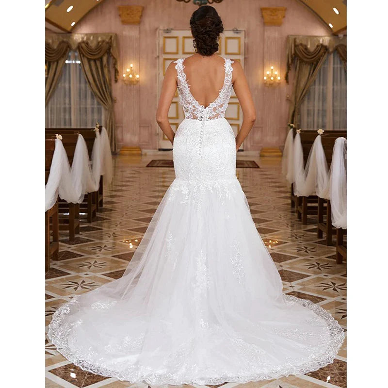 Sexy Sleeveless Sweetheart Wedding Dresses Women Gorgeous Lace Applique Mermaid Bridal Gowns Pleated Backless Formal Party Robe-payinti