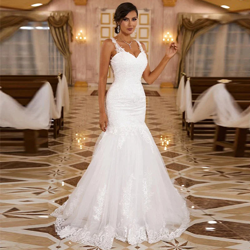 Sexy Sleeveless Sweetheart Wedding Dresses Women Gorgeous Lace Applique Mermaid Bridal Gowns Pleated Backless Formal Party Robe-payinti