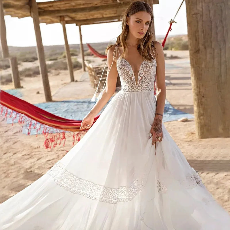 Sexy Spaghetti Straps A-line Deep V-Neck Backless Wedding Dresses Sleeveless robe de mariée Bridal Gowns vestidos de novia 2023-payinti