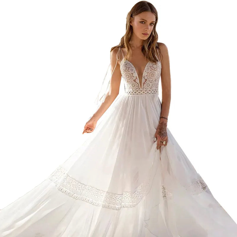 Sexy Spaghetti Straps A-line Deep V-Neck Backless Wedding Dresses Sleeveless robe de mariée Bridal Gowns vestidos de novia 2023-payinti