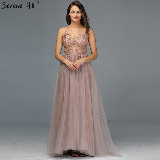 Sexy Spaghetti-Trägern Abendkleider 2025 V-Ausschnitt Strass Perlen Formale Abendkleider mit Split Robe de Soiree LA60963 