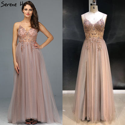 Sexy Spaghetti-Trägern Abendkleider 2025 V-Ausschnitt Strass Perlen Formale Abendkleider mit Split Robe de Soiree LA60963 
