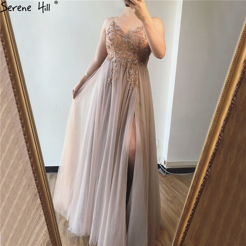 Sexy Spaghetti-Trägern Abendkleider 2025 V-Ausschnitt Strass Perlen Formale Abendkleider mit Split Robe de Soiree LA60963 