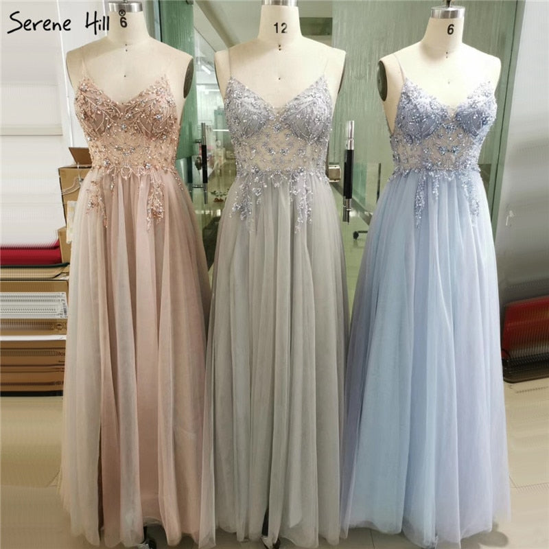 Vestidos de noche sexys con tirantes finos, escote en V, pedrería y cuentas, vestidos de fiesta formales con abertura, LA60963