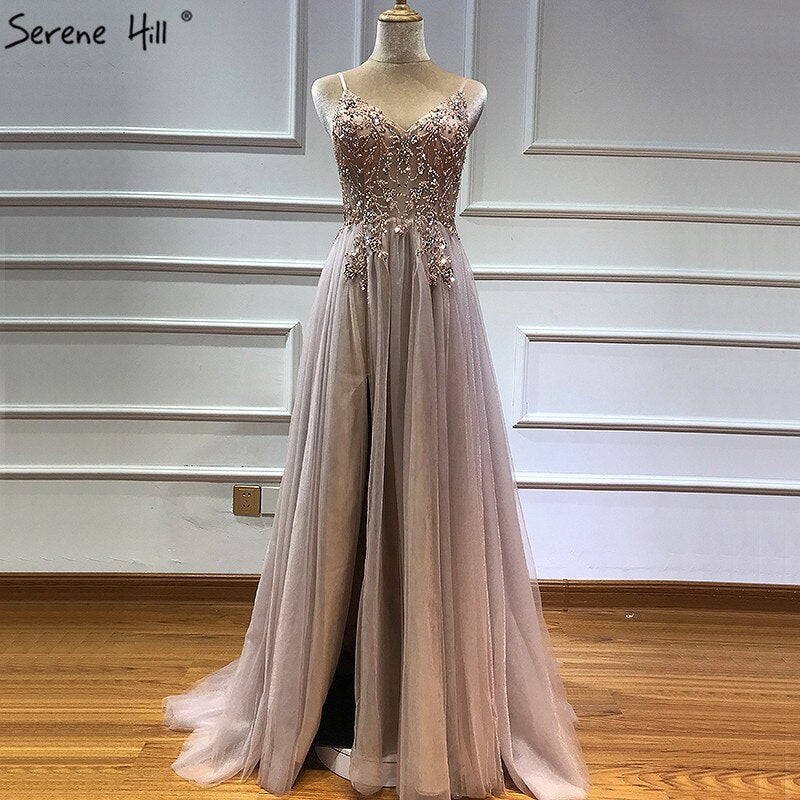 Vestidos de noche sexys con tirantes finos, escote en V, pedrería y cuentas, vestidos de fiesta formales con abertura, LA60963