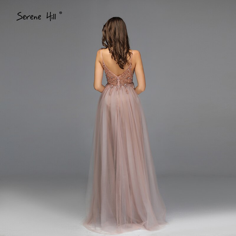 Vestidos de noche sexys con tirantes finos, escote en V, pedrería y cuentas, vestidos de fiesta formales con abertura, LA60963