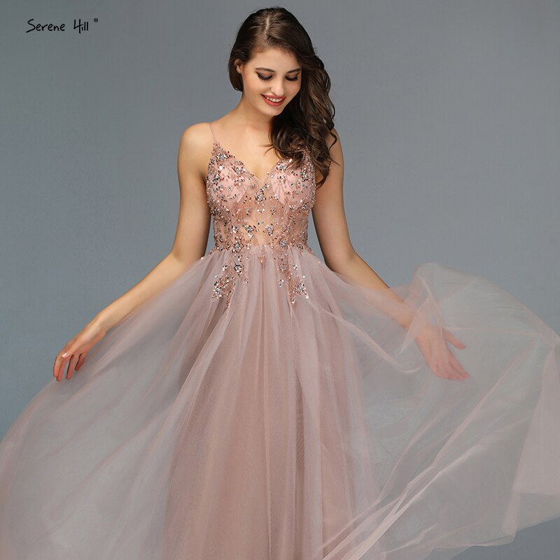 Sexy Spaghetti-Trägern Abendkleider 2025 V-Ausschnitt Strass Perlen Formale Abendkleider mit Split Robe de Soiree LA60963 