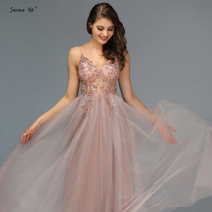 Sexy Spaghetti-Trägern Abendkleider 2025 V-Ausschnitt Strass Perlen Formale Abendkleider mit Split Robe de Soiree LA60963 