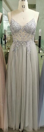 Vestidos de noche sexys con tirantes finos, escote en V, pedrería y cuentas, vestidos de fiesta formales con abertura, LA60963