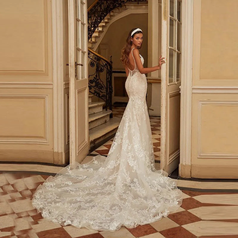 Sexy Spaghetti Straps Mermaid Vestidos De Novia Appliques Vestido De Noiva V-Neck Wedding Dresses Lace Robe De Mariée-payinti