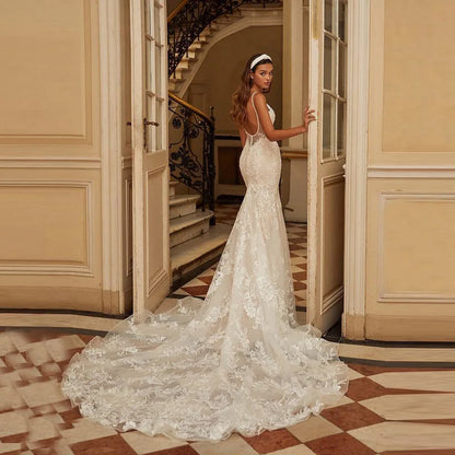 Sexy Spaghetti Straps Mermaid Vestidos De Novia Appliques Vestido De Noiva V-Neck Wedding Dresses Lace Robe De Mariée-payinti