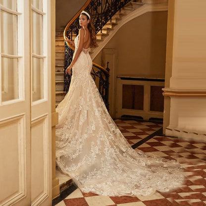 Sexy Spaghetti Straps Mermaid Vestidos De Novia Appliques Vestido De Noiva V-Neck Wedding Dresses Lace Robe De Mariée-payinti