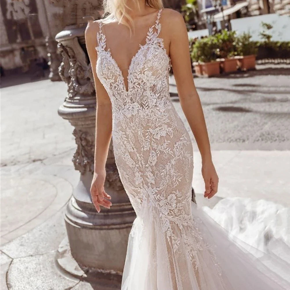 Sexy Spaghetti Straps Vestidos De Novia Lace V-Neck Mermaid Wedding Dresses Appliques Backless Vestido De Noiva-payinti