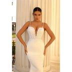 Sexy Spaghetti Straps Wedding Dresses Sexy Appliques Deep V Neck Sweep Train Mermaid Ball Gowns Woman's Formal Bride Beach Party-payinti
