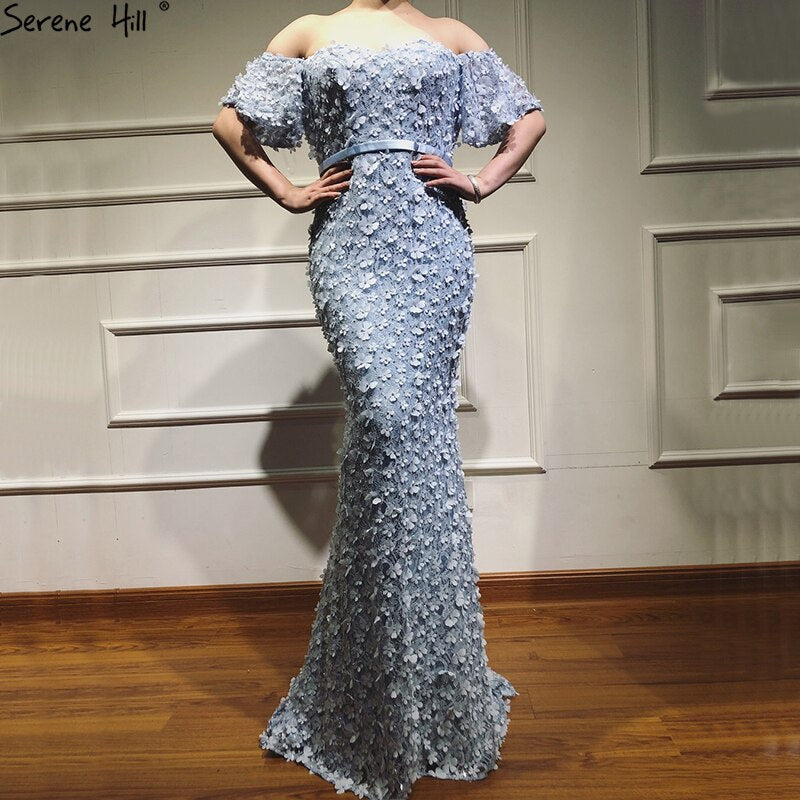 On Sale no return no refundSale Sexy Strapless Short Sleeves Mermaid Evening Dresses 2025 Embroidery Pearls Fashion Formal Dress LA6519