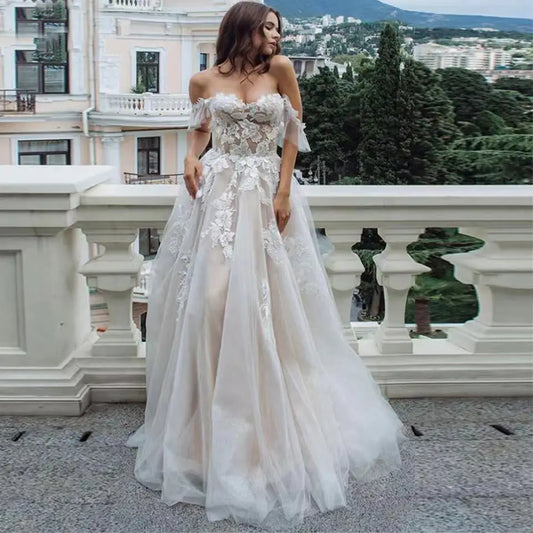Sexy Sweetheart A Line Wedding Dresses Off Shoulder Champagne Liner Tulle Appliques Sleeveless Bridal Gowns Womens Formal 2023-payinti