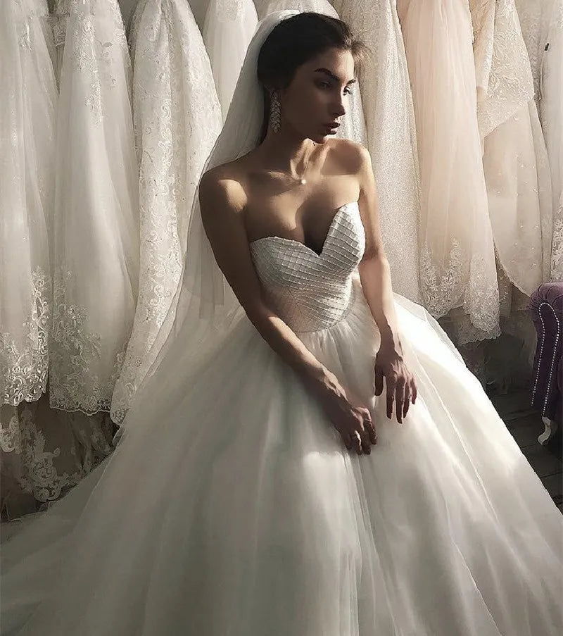Sexy Sweetheart Tulle Wedding Dresses Sleeveless Backless A-Line Princess Wedding Gown With Lace Up Back vestido de noiva-payinti