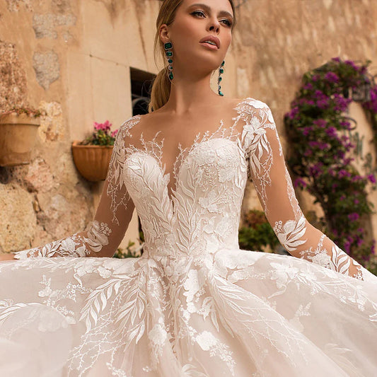 Sexy V-Neck Applique Wedding Dress Lace 2023 Illusion Long Sleeve A-Line Princess Bride Dress Bohemia Vestido De Noiva Women's-payinti