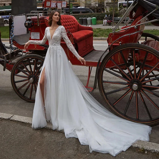 Sexy V Neck Backless Wedding Dresses Lace Long Sleeve Applique Princess Ball Gowns Fluffy A Line Side Slit formal ladies Party-payinti