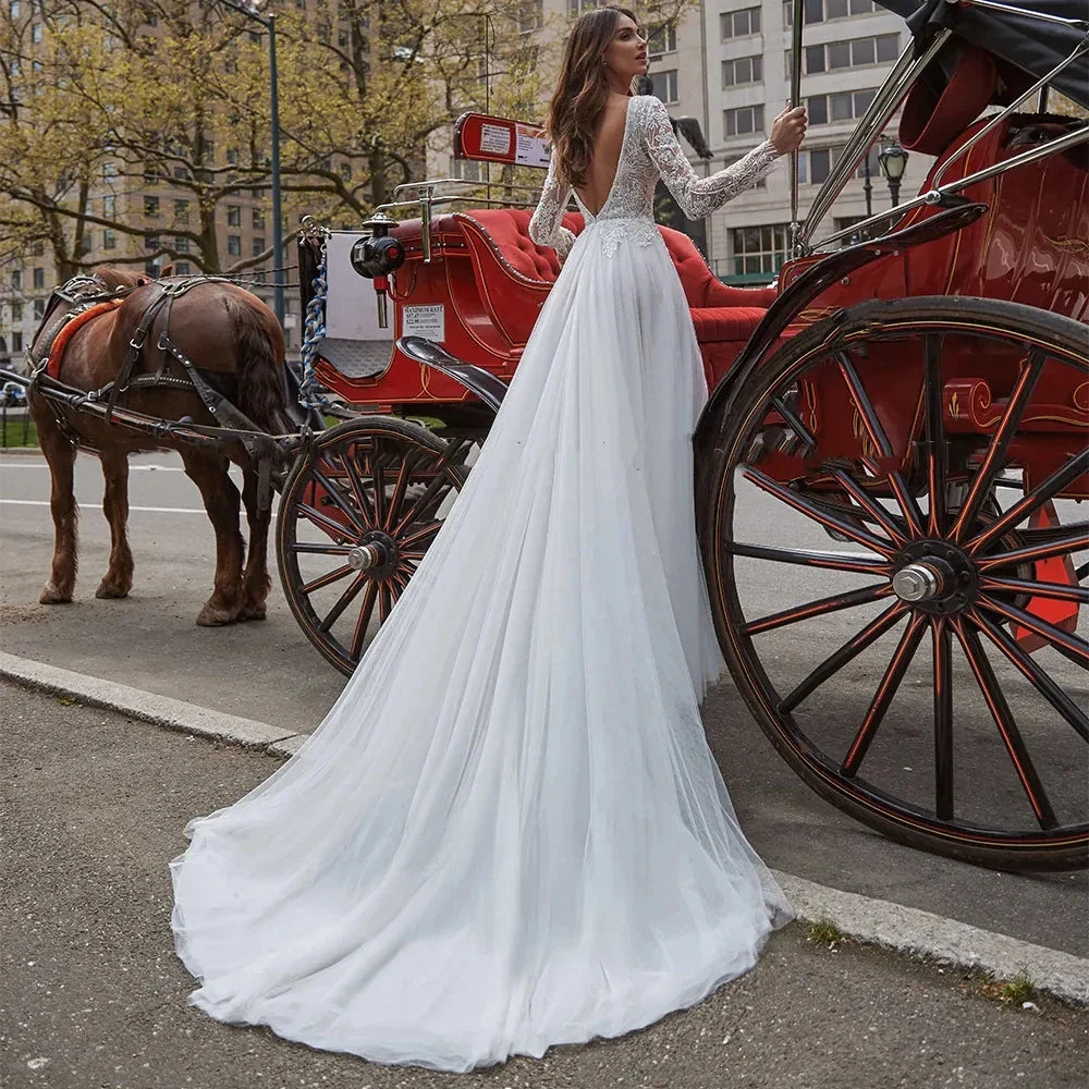 Sexy V Neck Backless Wedding Dresses Lace Long Sleeve Applique Princess Ball Gowns Fluffy A Line Side Slit formal ladies Party-payinti