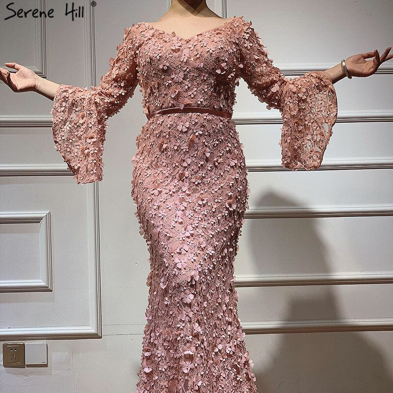 Vestidos de noche sexys de sirena con escote en V en rosa ruborizado, 2025, flores hechas a mano, mangas largas, LA60774 