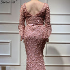 Vestidos de noche sexys de sirena con escote en V en rosa ruborizado, 2025, flores hechas a mano, mangas largas, LA60774 