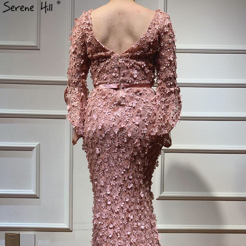 Vestidos de noche sexys de sirena con escote en V en rosa ruborizado, 2025, flores hechas a mano, mangas largas, LA60774 