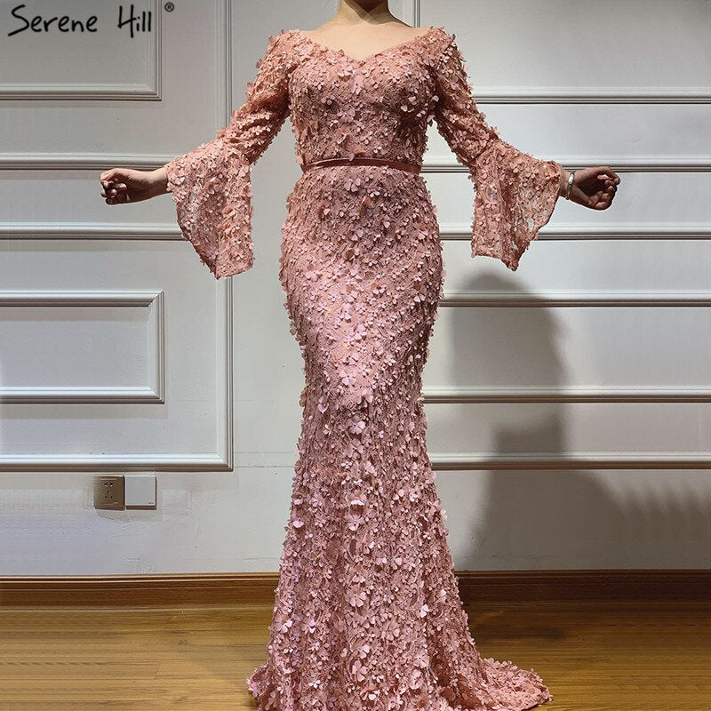 Vestidos de noche sexys de sirena con escote en V en rosa ruborizado, 2025, flores hechas a mano, mangas largas, LA60774 