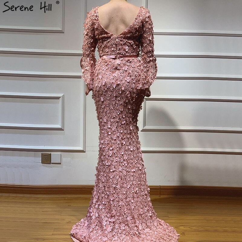 Vestidos de noche sexys de sirena con escote en V en rosa ruborizado, 2025, flores hechas a mano, mangas largas, LA60774 