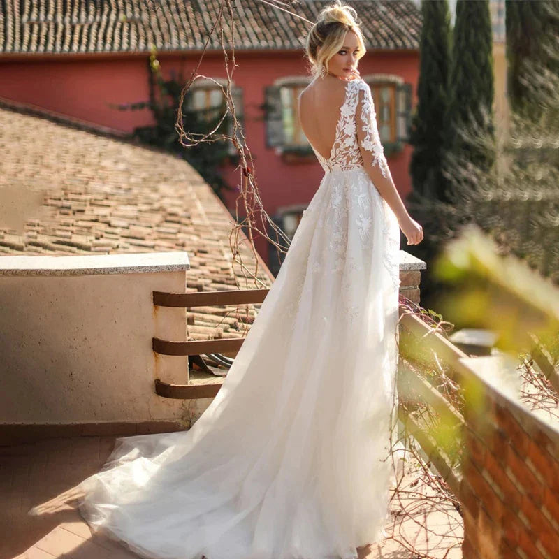 Sexy V Neck Bridal Dresses Long Sleeves Lace Appliques Wedding Gowns For Women Backless Vestidos Robe Noiva Mariage Customized-payinti