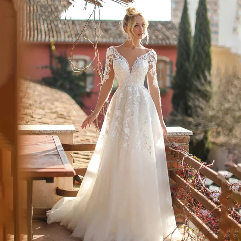 Sexy V Neck Bridal Dresses Long Sleeves Lace Appliques Wedding Gowns For Women Backless Vestidos Robe Noiva Mariage Customized-payinti