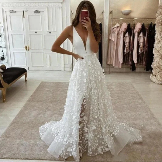 Sexy V Neck Lace Appliques A Line Wedding Dress 2023 Off the Shoulder Satin Bridal Gown Sweep Backless Floor Robe De Mariée-payinti
