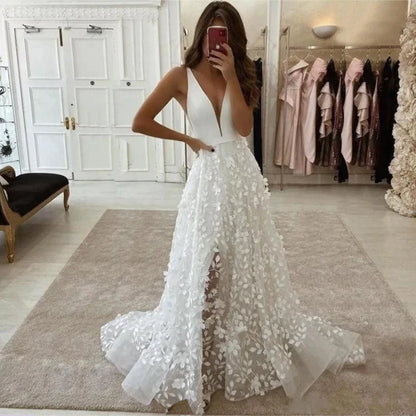 Sexy V Neck Lace Appliques A Line Wedding Dress 2023 Off the Shoulder Satin Bridal Gown Sweep Backless Floor Robe De Mariée-payinti