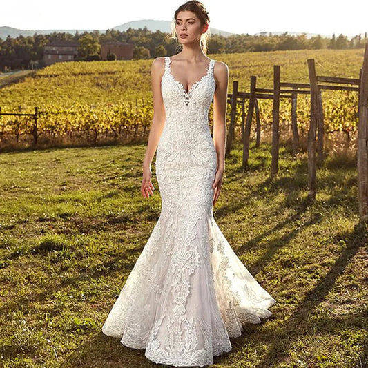 Sexy V-Neck Mermaid Wedding Dress 2023 Lace Boho Sleeveless Bride Gown Customized Buttons Pleats Illusion Back Vestido De Novia-payinti