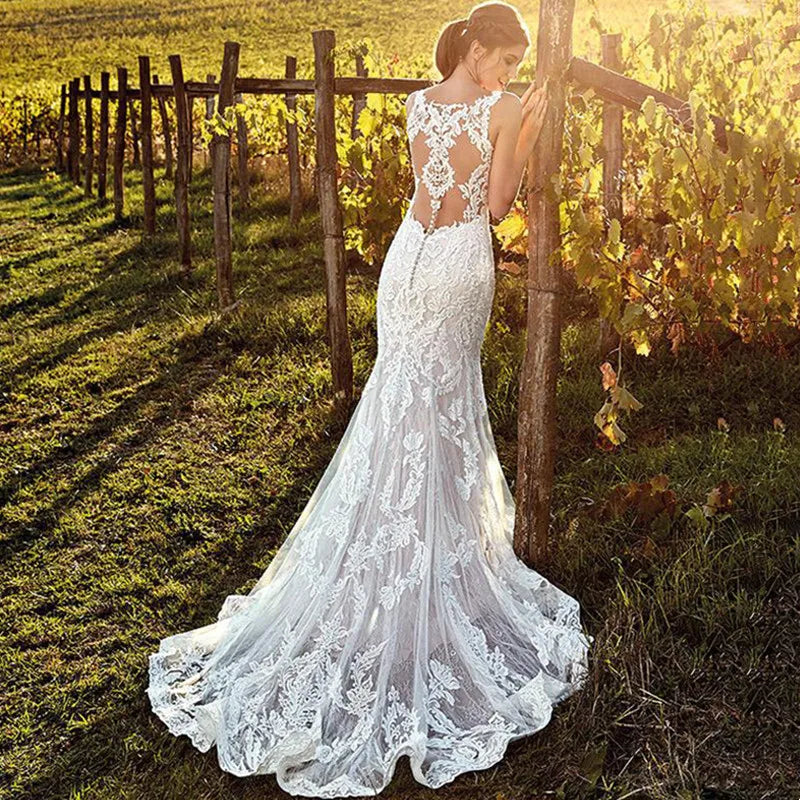 Sexy V-Neck Mermaid Wedding Dress 2023 Lace Boho Sleeveless Bride Gown Customized Buttons Pleats Illusion Back Vestido De Novia-payinti