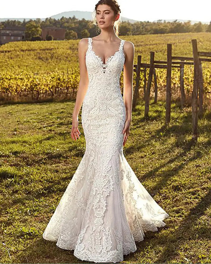 Sexy V-Neck Mermaid Wedding Dress 2023 Lace Boho Sleeveless Bride Gown Customized Buttons Pleats Illusion Back Vestido De Novia-payinti